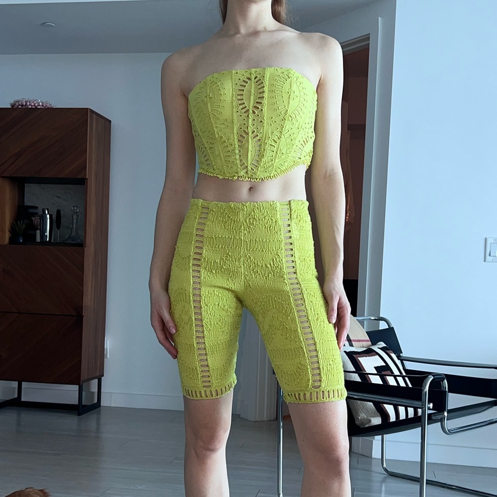 Designer lace biker short and bustier set